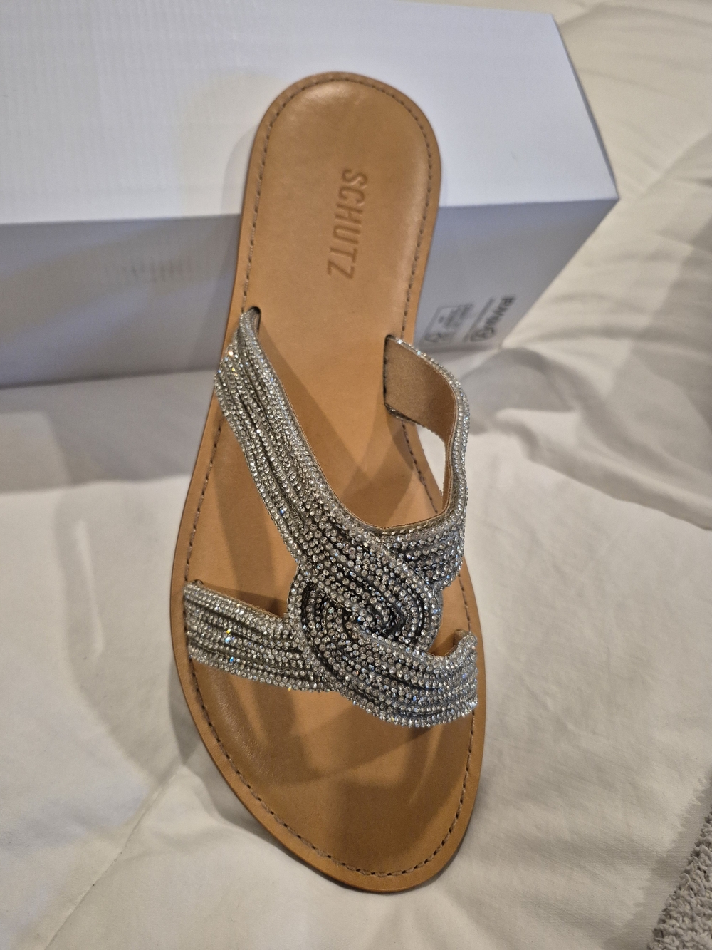 SCHUTZ Silver Knotted Rhinestone Slide Sandal